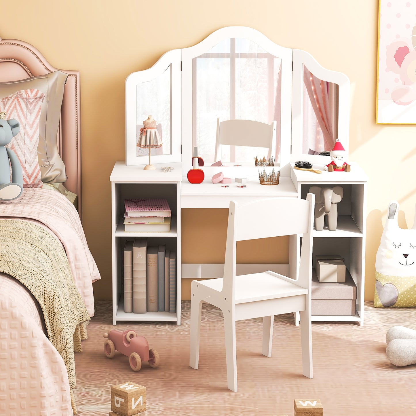 Kids Vanity Table and Chair Set with Removable Tri-Folding Mirror-White Kids Crystal