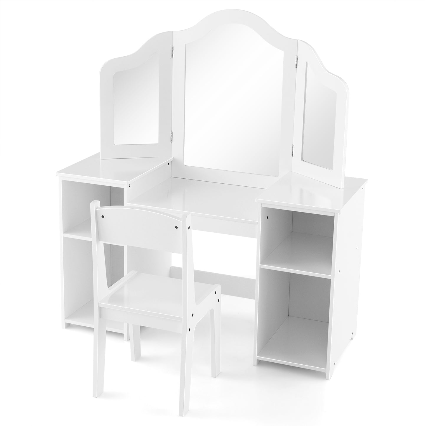Kids Vanity Table and Chair Set with Removable Tri-Folding Mirror-White Kids Crystal