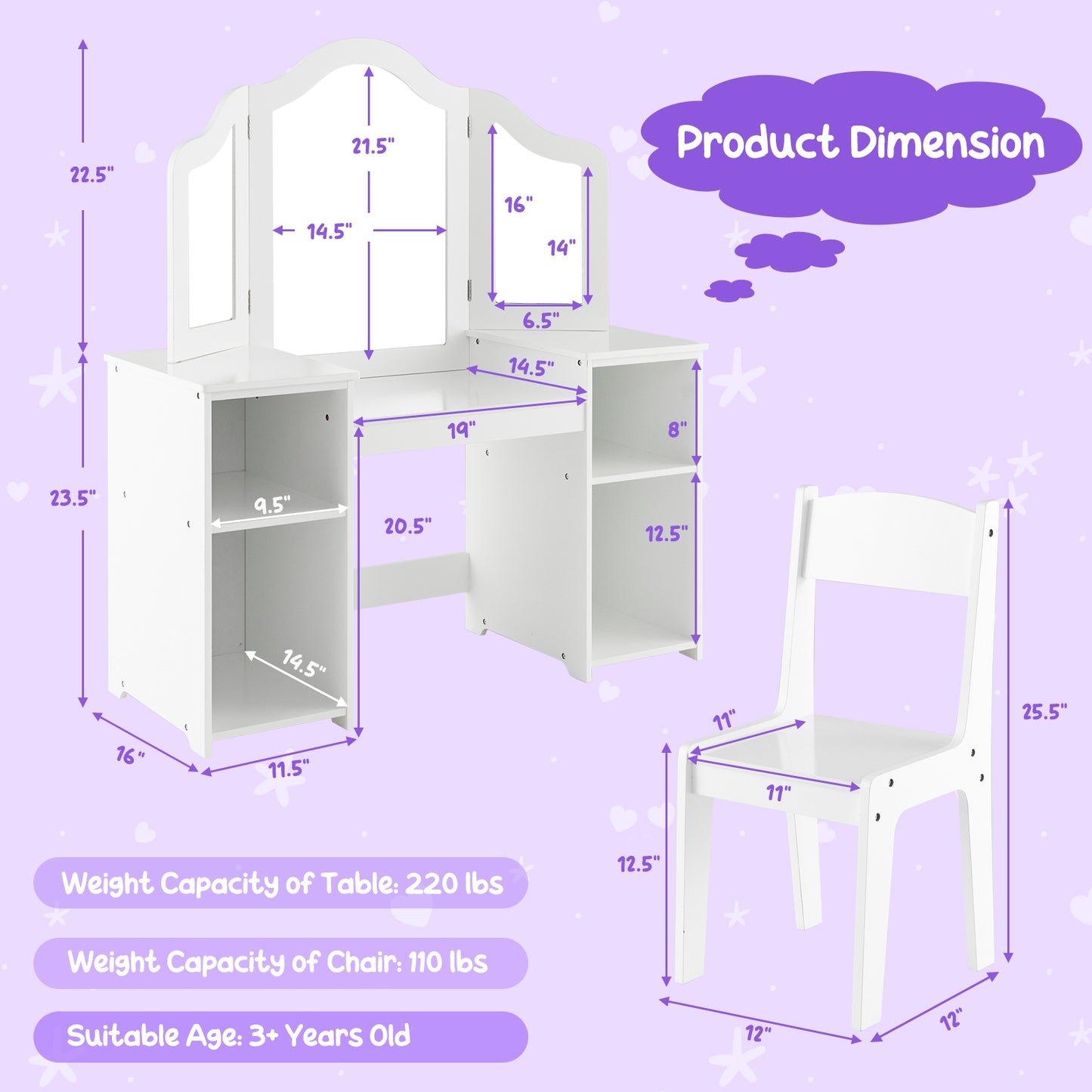 Kids Vanity Table and Chair Set with Removable Tri-Folding Mirror-White Kids Crystal