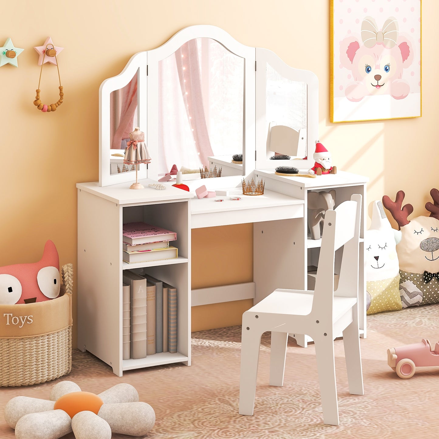 Kids Vanity Table and Chair Set with Removable Tri-Folding Mirror-White Kids Crystal