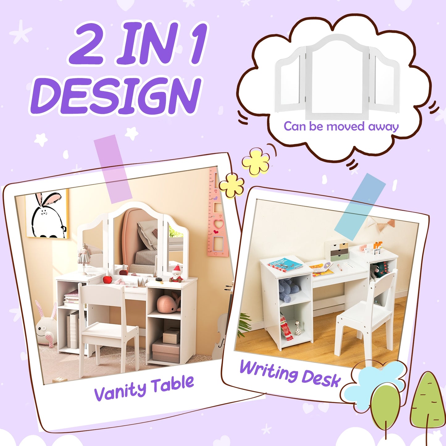 Kids Vanity Table and Chair Set with Removable Tri-Folding Mirror-White Kids Crystal
