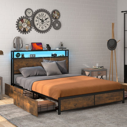 Full/Queen Size Bed Frame with Smart LED Lights and Storage Drawers-Full Size