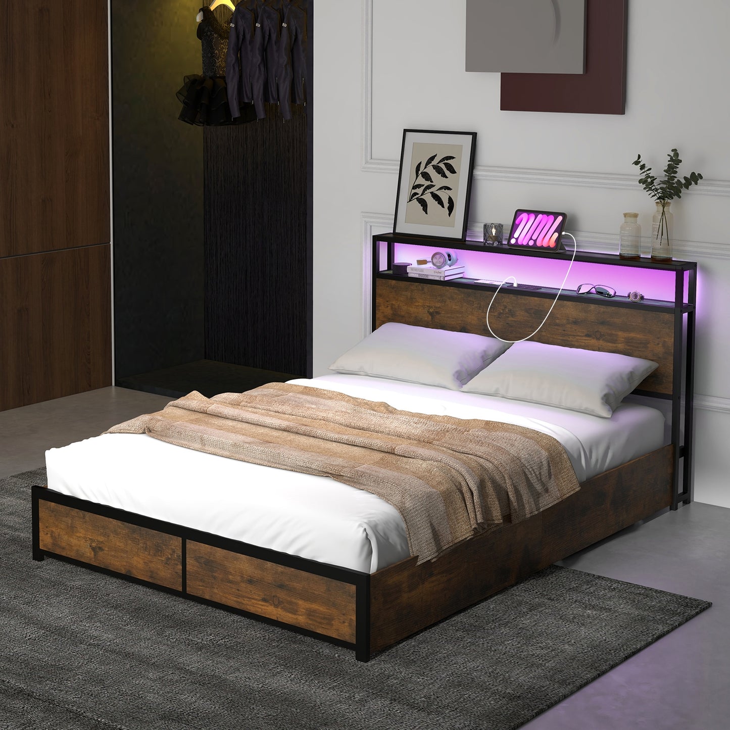 Full/Queen Size Bed Frame with Smart LED Lights and Storage Drawers-Full Size Kids Crystal