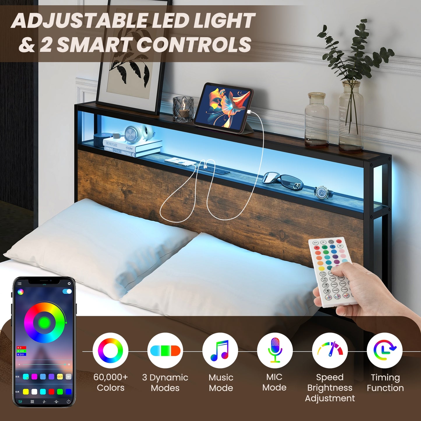 Full/Queen Size Bed Frame with Smart LED Lights and Storage Drawers-Full Size Kids Crystal