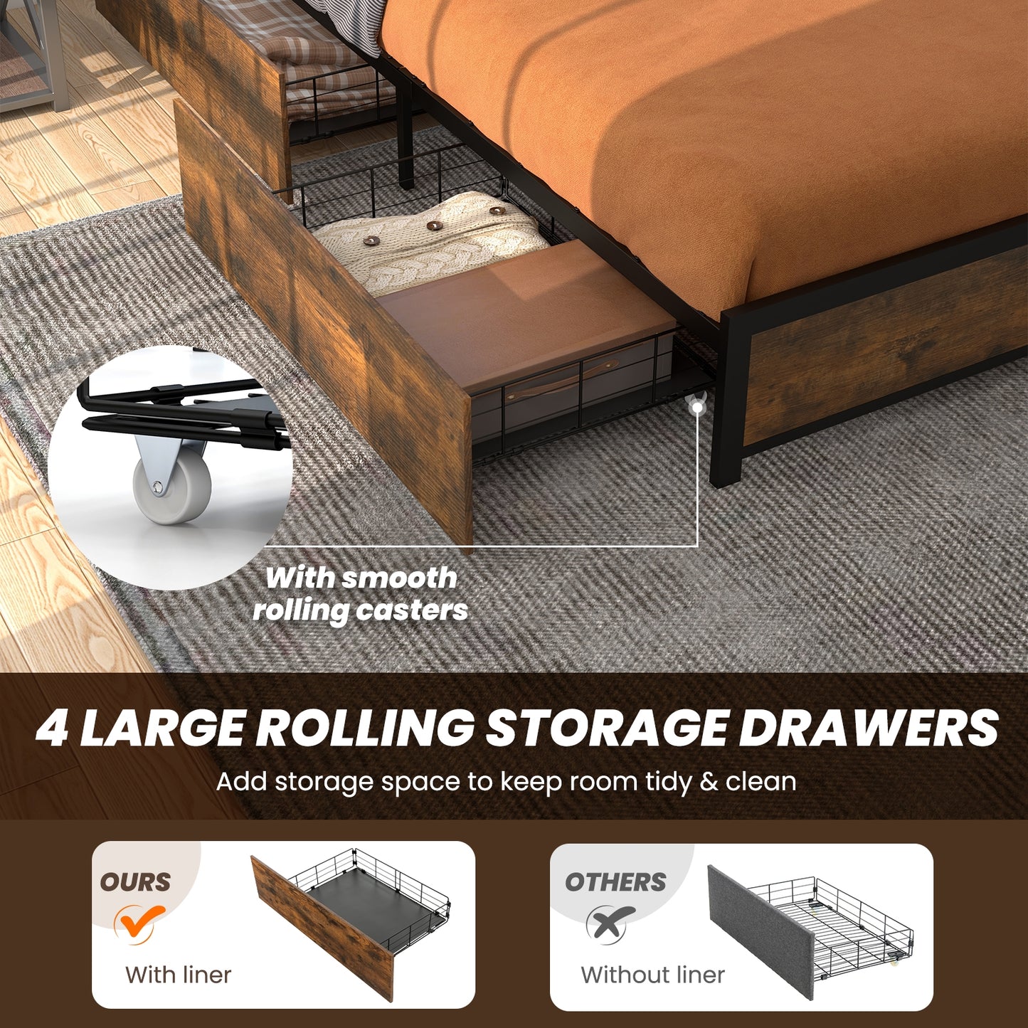 Full/Queen Size Bed Frame with Smart LED Lights and Storage Drawers-Full Size Kids Crystal