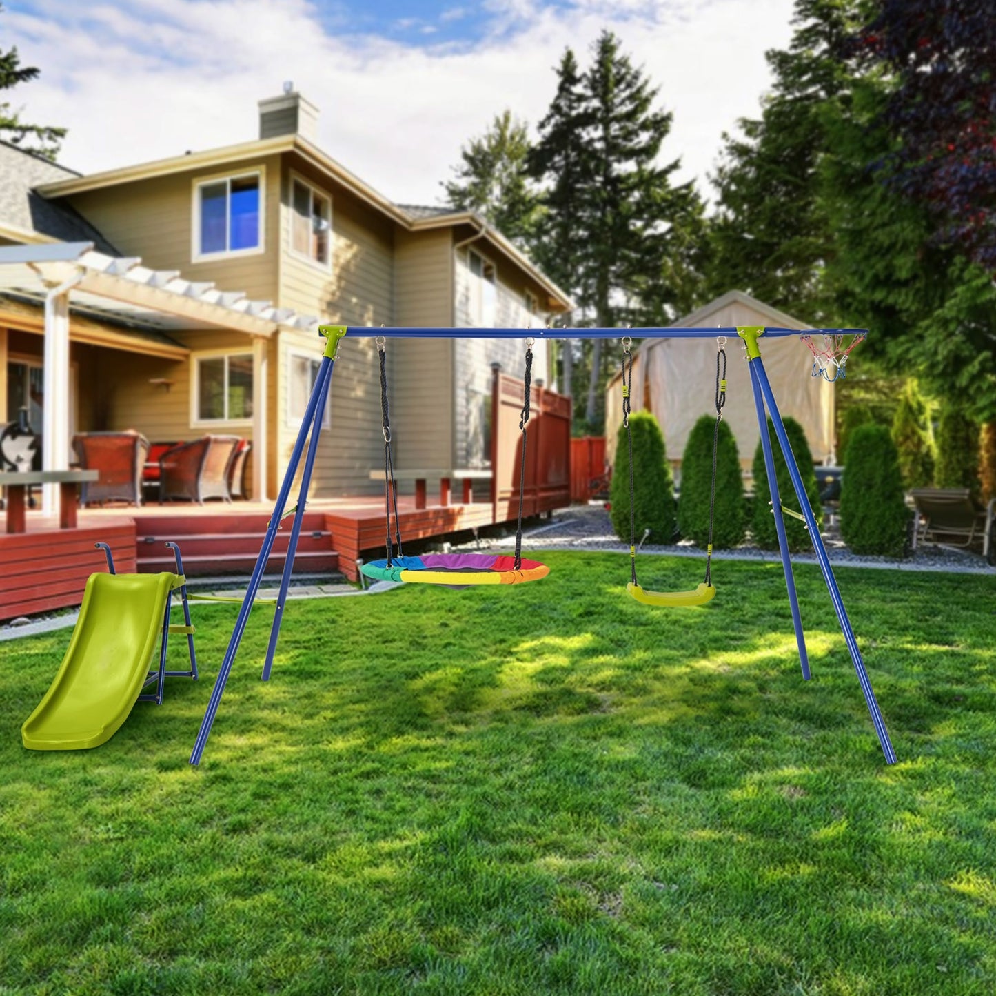 4-in-1 Heavy-Duty Metal Playset with Slide and Basketball Hoop Kids Crystal