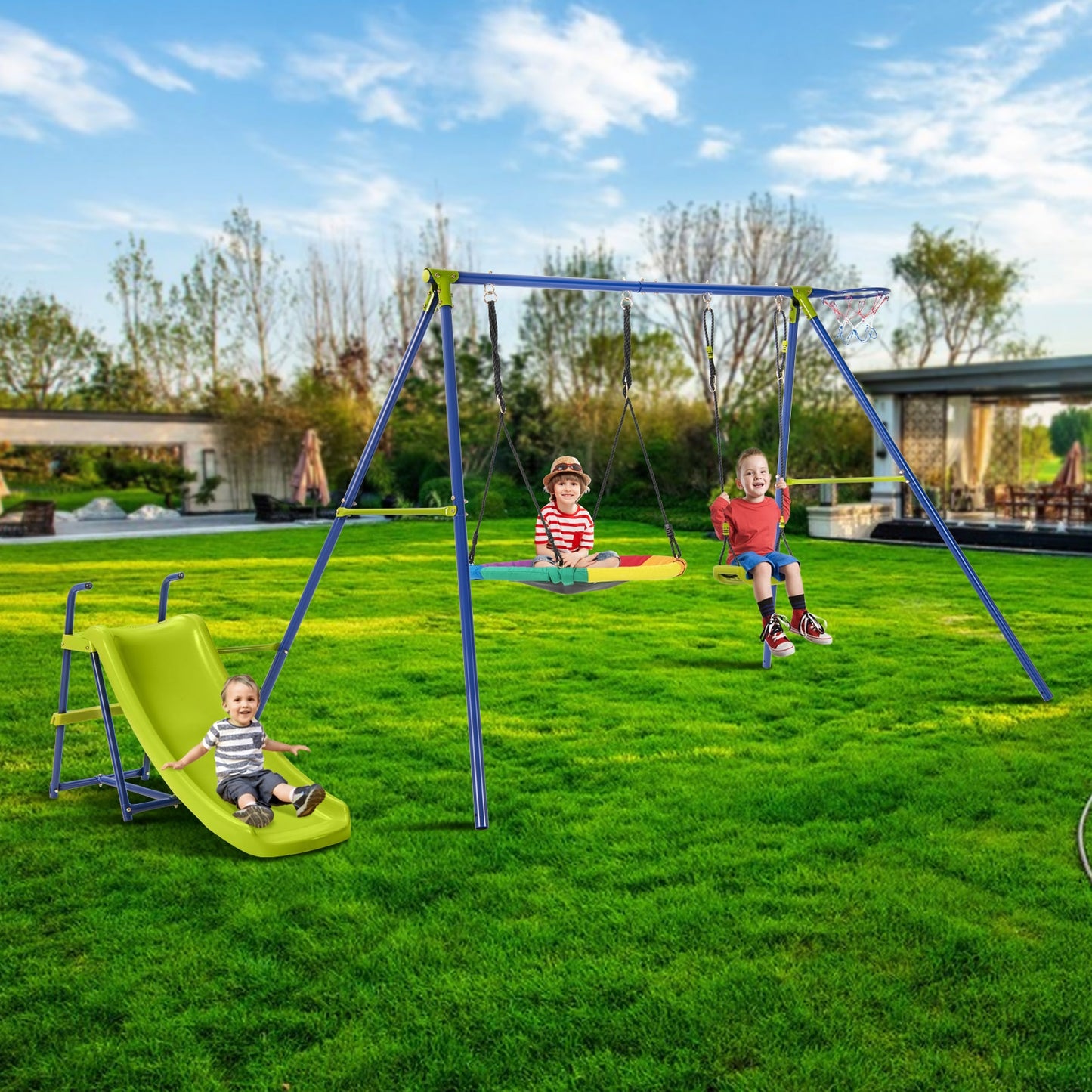 4-in-1 Heavy-Duty Metal Playset with Slide and Basketball Hoop Kids Crystal