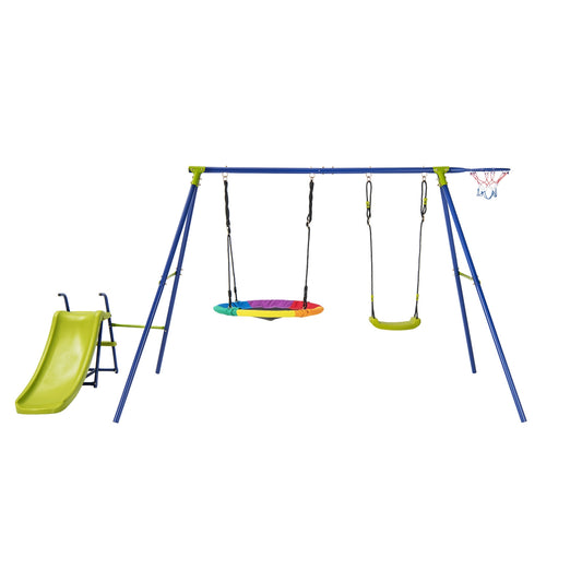 4-in-1 Heavy-Duty Metal Playset with Slide and Basketball Hoop Kids Crystal