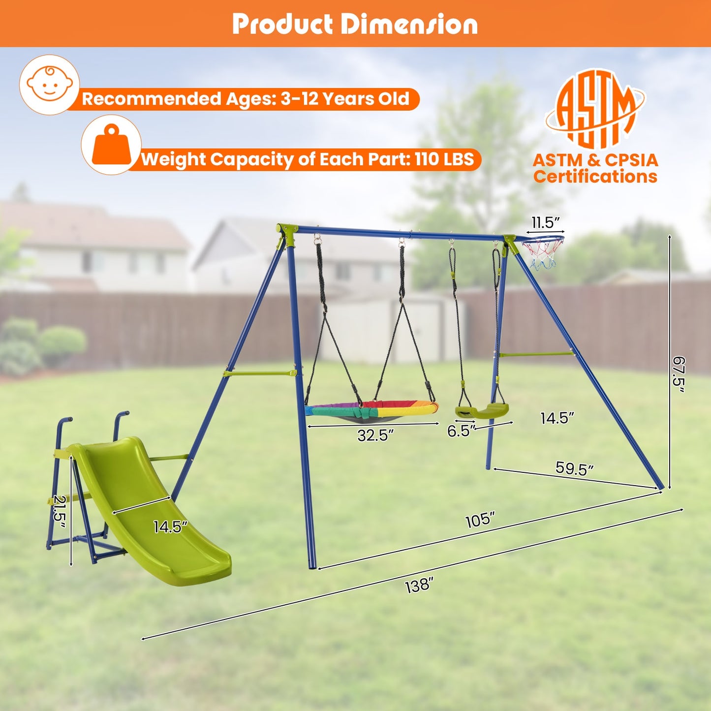4-in-1 Heavy-Duty Metal Playset with Slide and Basketball Hoop Kids Crystal