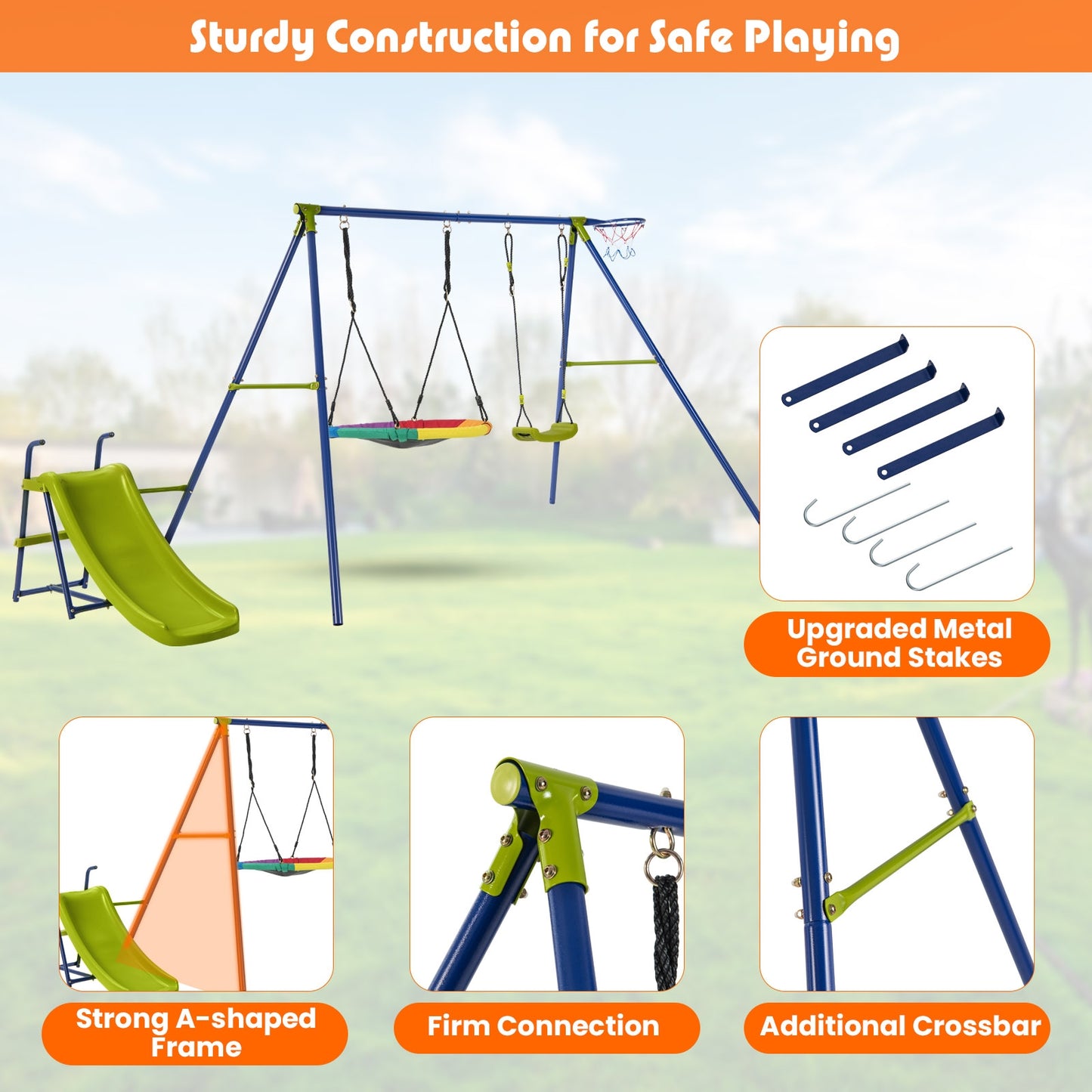 4-in-1 Heavy-Duty Metal Playset with Slide and Basketball Hoop Kids Crystal