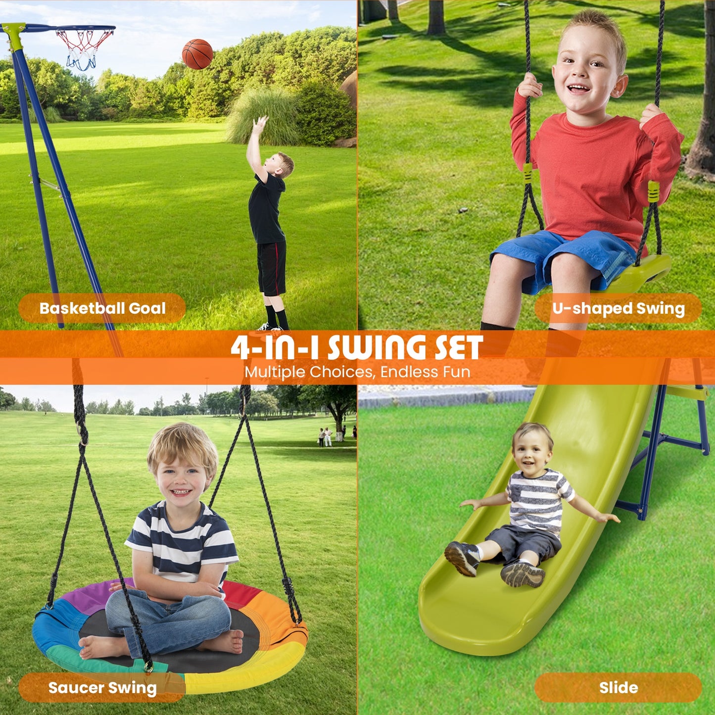 4-in-1 Heavy-Duty Metal Playset with Slide and Basketball Hoop Kids Crystal