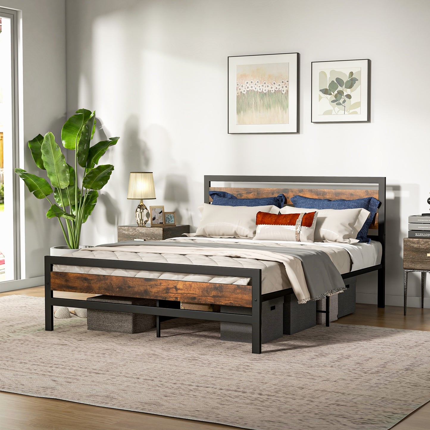 Full/Queen Industrial Bed Frame with Rustic Headboard and Footboard-Queen Size Kids Crystal