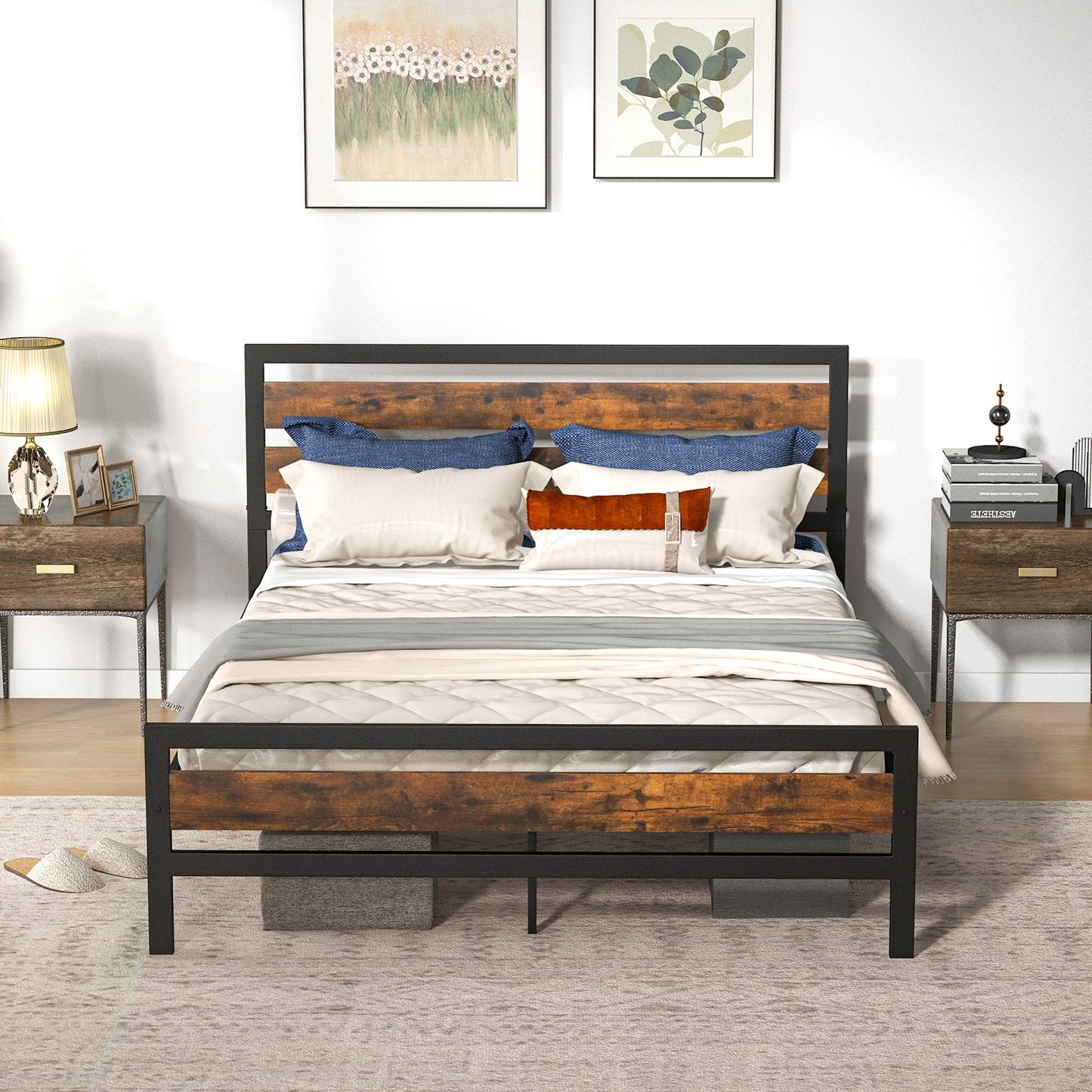 Full/Queen Industrial Bed Frame with Rustic Headboard and Footboard-Queen Size Kids Crystal