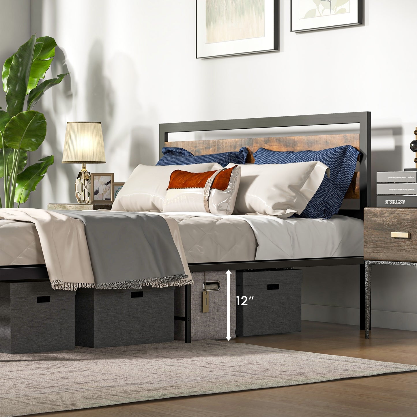 Full/Queen Industrial Bed Frame with Rustic Headboard and Footboard-Queen Size Kids Crystal