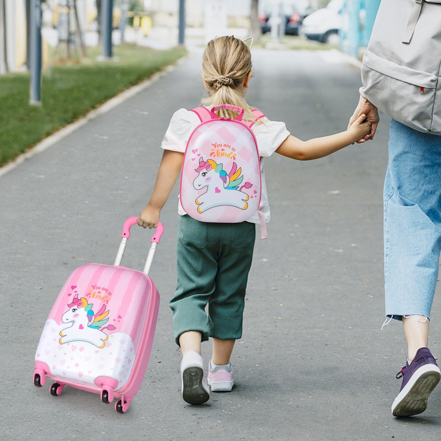 2 Pieces 12 Inch 16 Inch Kids Luggage Set with Backpack and Suitcase for Travel-Lovely Unicorn Kids Crystal