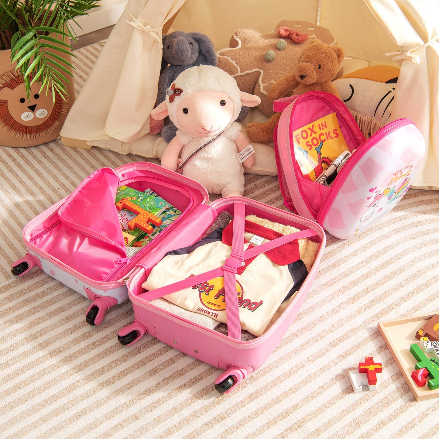 2 Pieces 12 Inch 16 Inch Kids Luggage Set with Backpack and Suitcase for Travel-Lovely Unicorn Kids Crystal