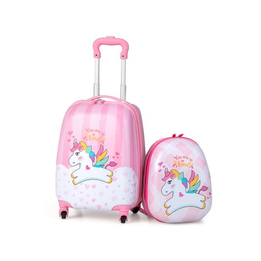 2 Pieces 12 Inch 16 Inch Kids Luggage Set with Backpack and Suitcase for Travel-Lovely Unicorn Kids Crystal