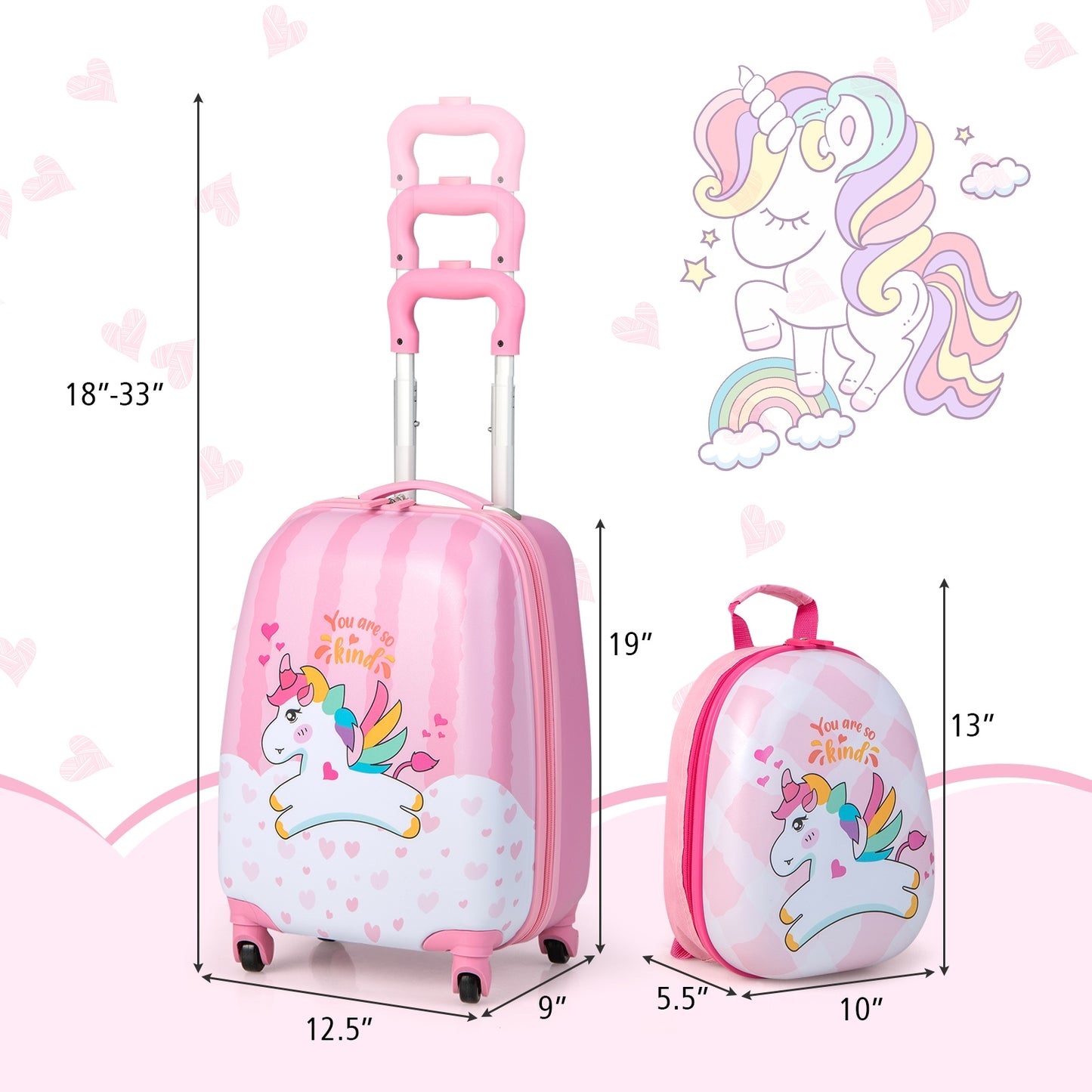2 Pieces 12 Inch 16 Inch Kids Luggage Set with Backpack and Suitcase for Travel-Lovely Unicorn Kids Crystal
