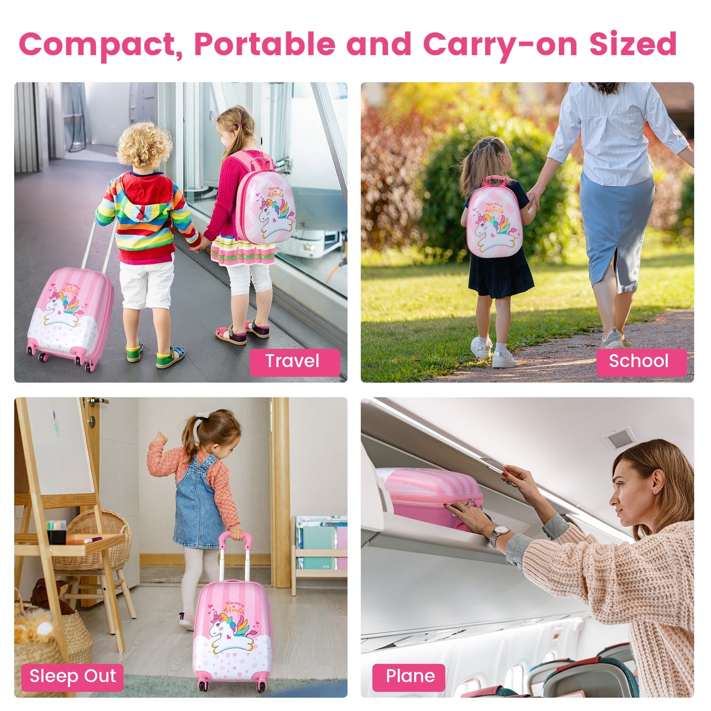 2 Pieces 12 Inch 16 Inch Kids Luggage Set with Backpack and Suitcase for Travel-Lovely Unicorn Kids Crystal