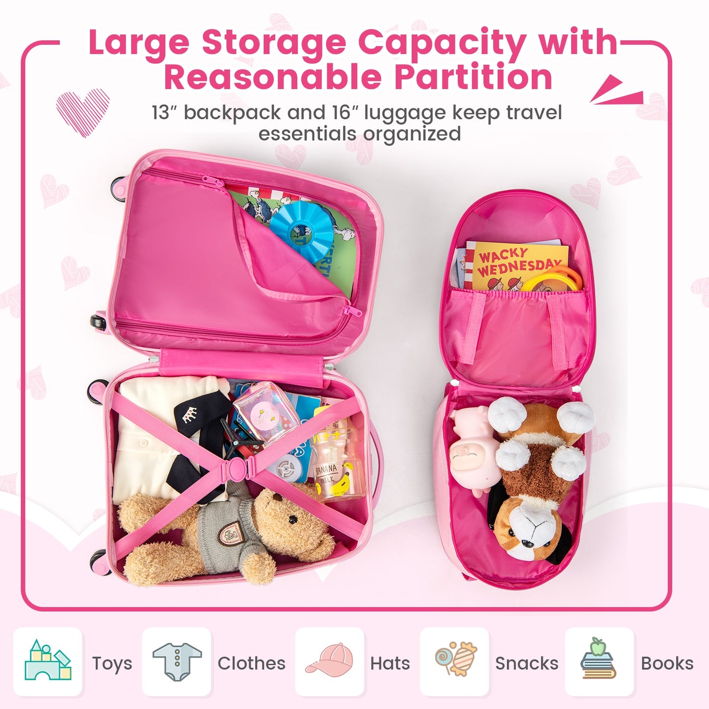 2 Pieces 12 Inch 16 Inch Kids Luggage Set with Backpack and Suitcase for Travel-Lovely Unicorn Kids Crystal