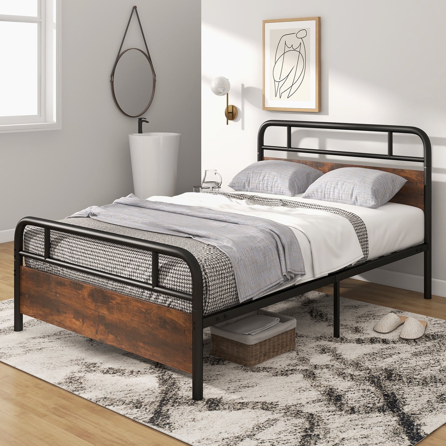 Twin/Full/Queen Size Bed Frame with Industrial Headboard-Full Size Kids Crystal