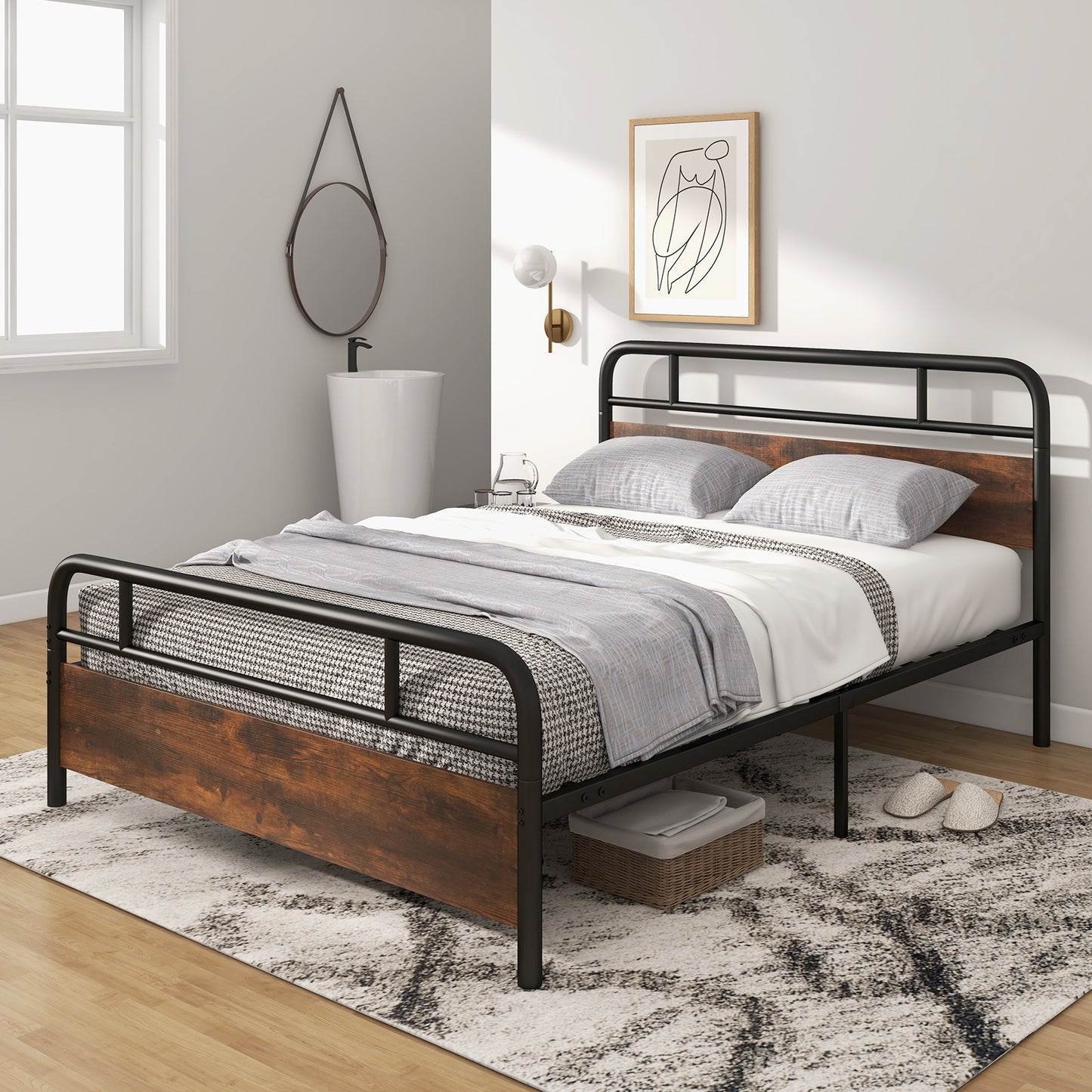 Twin/Full/Queen Size Bed Frame with Industrial Headboard-Queen Size Kids Crystal