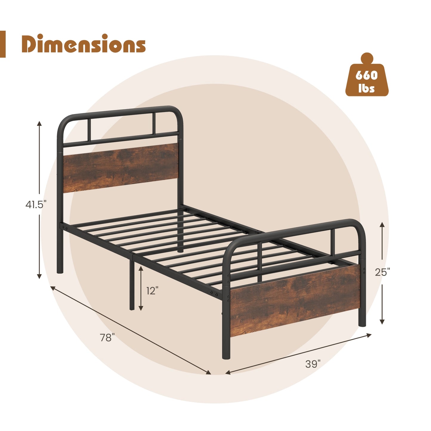 Twin/Full/Queen Size Bed Frame with Industrial Headboard-Twin Size Kids Crystal