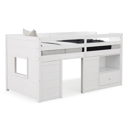 Twin Size Solid Wood Low Loft Bed with Storage and Drawer-White