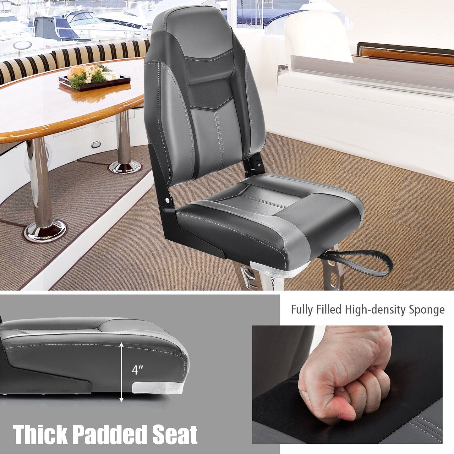 High Back Folding Boat Seats with Black Grey Sponge Cushion and Flexible Hinges-Set of 2 Kids Crystal