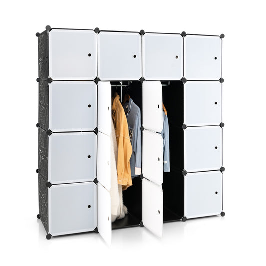 16-Cube Storage Organizer with 16 Doors and 2 Hanging Rods-Black Kids Crystal