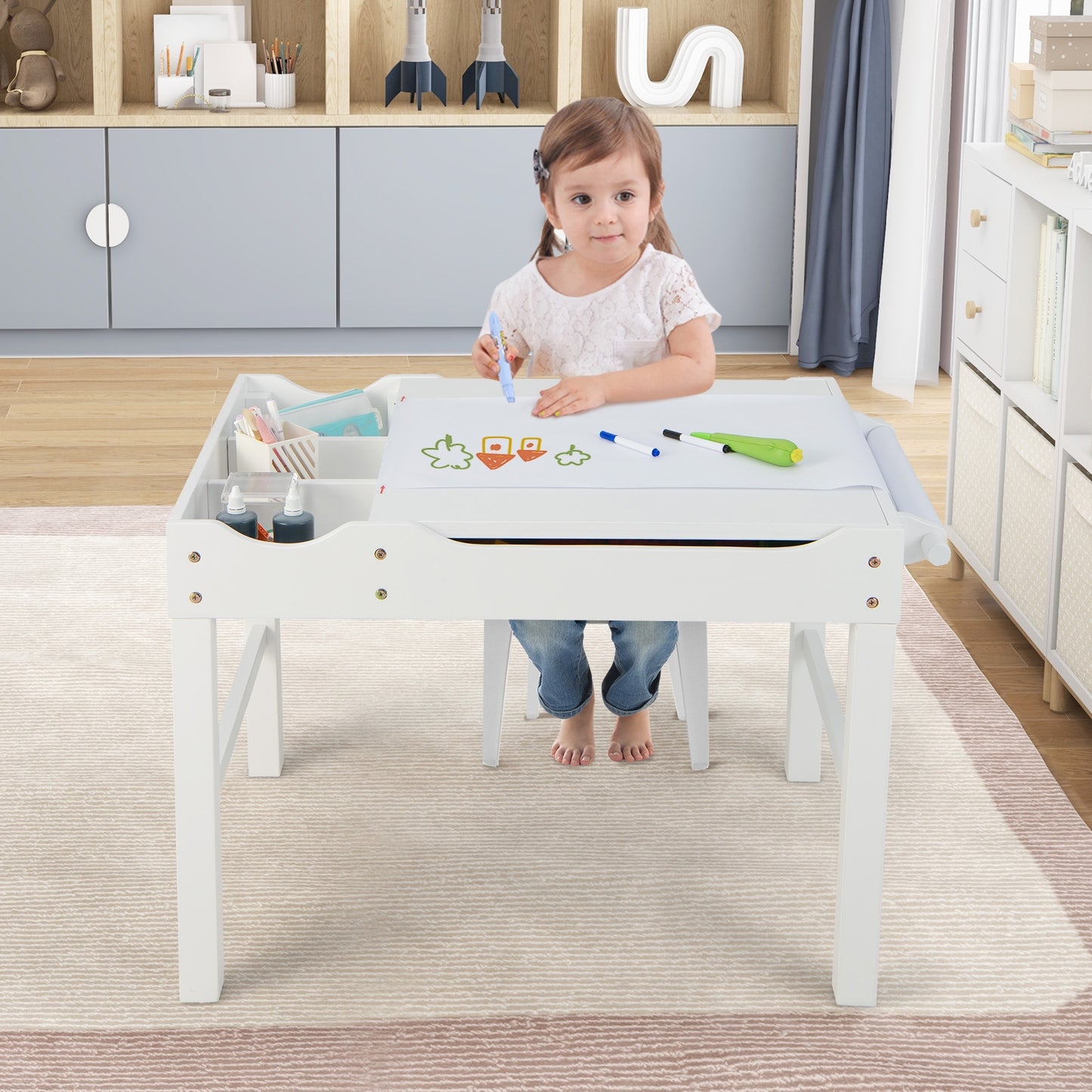 Wooden Kids Multi Activity Play Table with Storage Paper Roll-White Kids Crystal