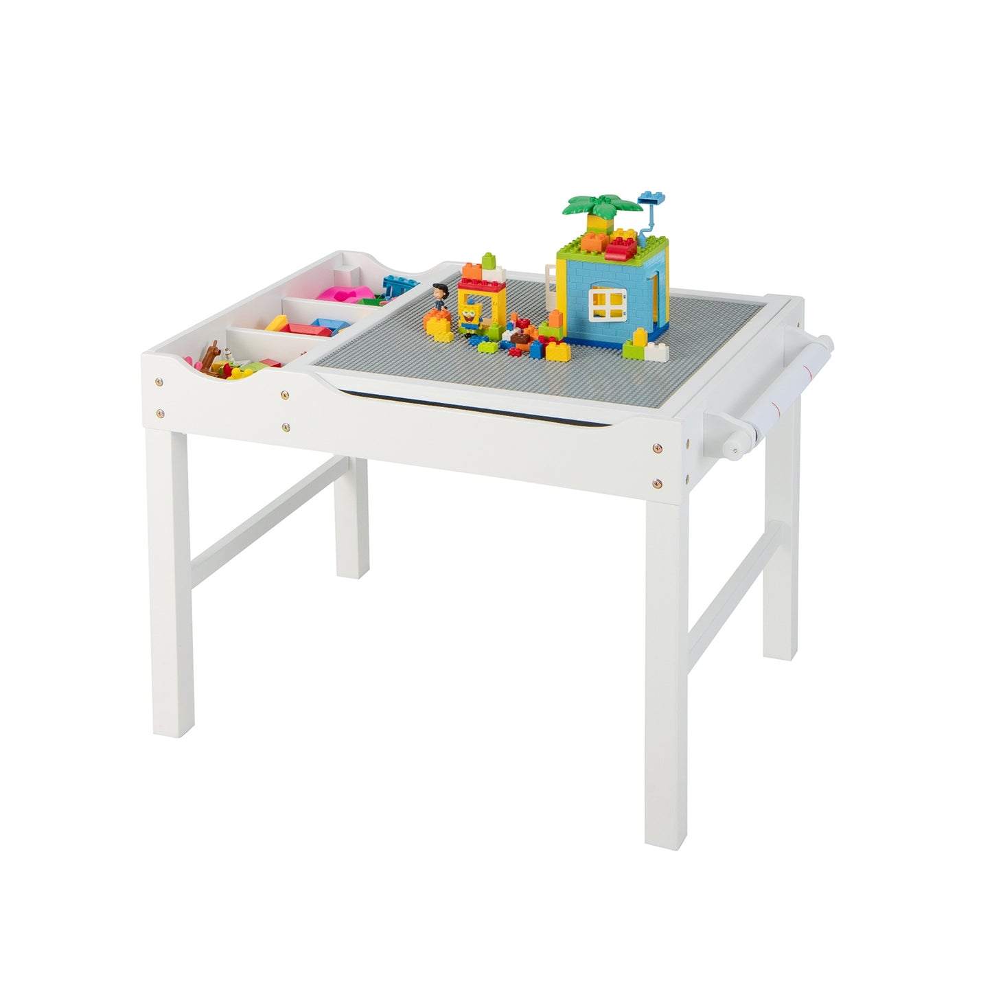 Wooden Kids Multi Activity Play Table with Storage Paper Roll-White Kids Crystal