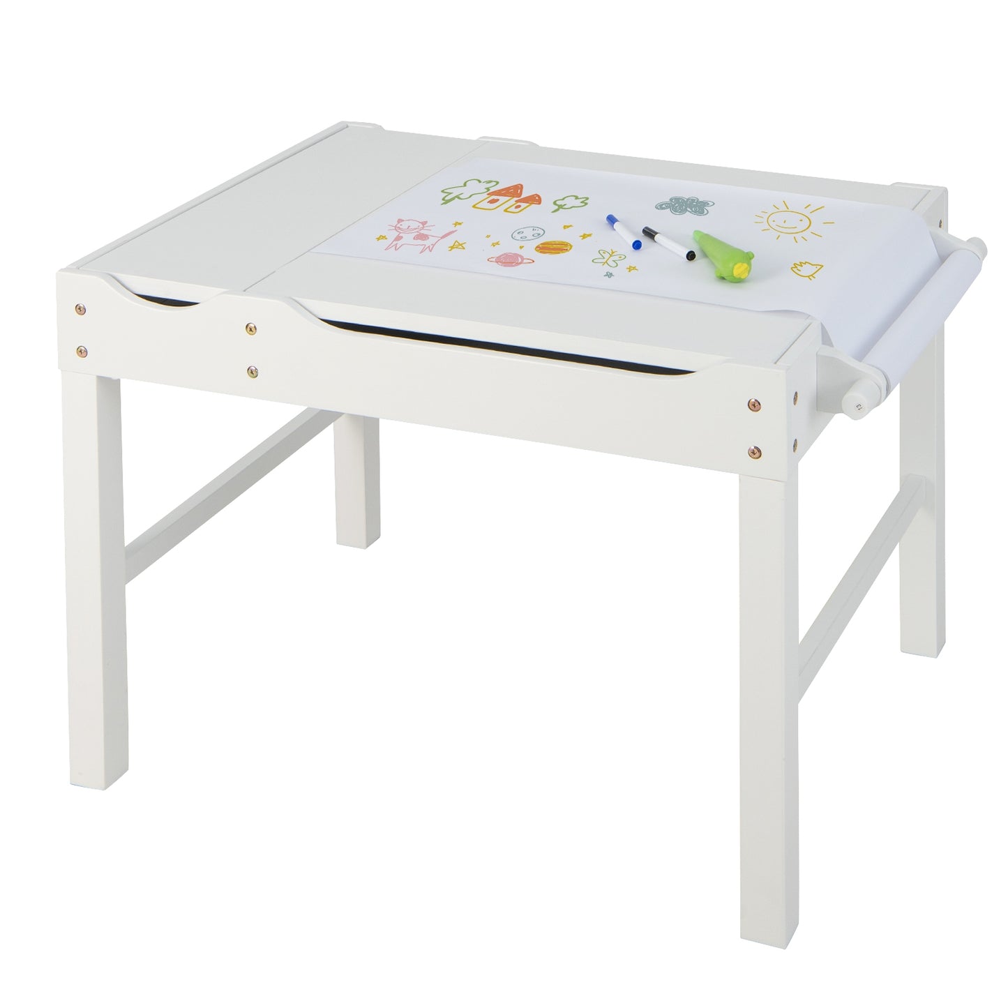 Wooden Kids Multi Activity Play Table with Storage Paper Roll-White Kids Crystal