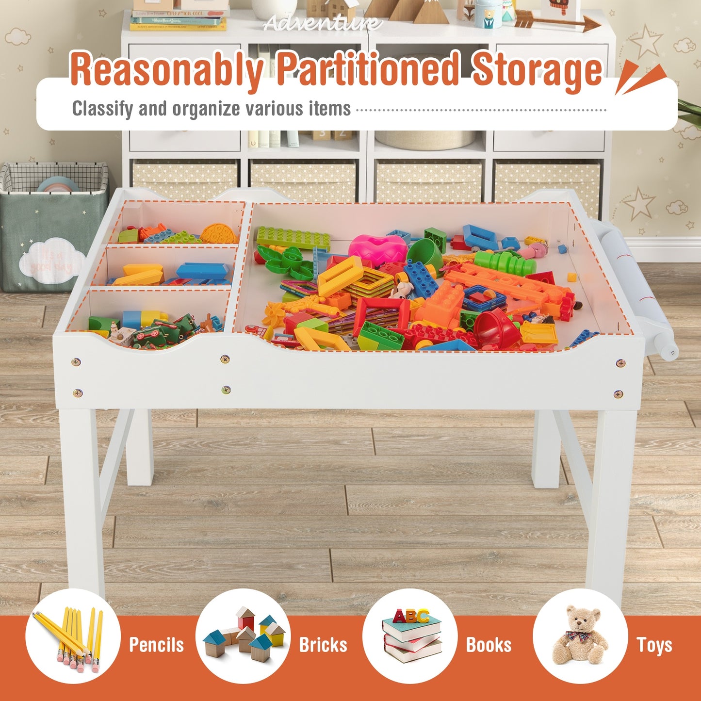 Wooden Kids Multi Activity Play Table with Storage Paper Roll-White Kids Crystal