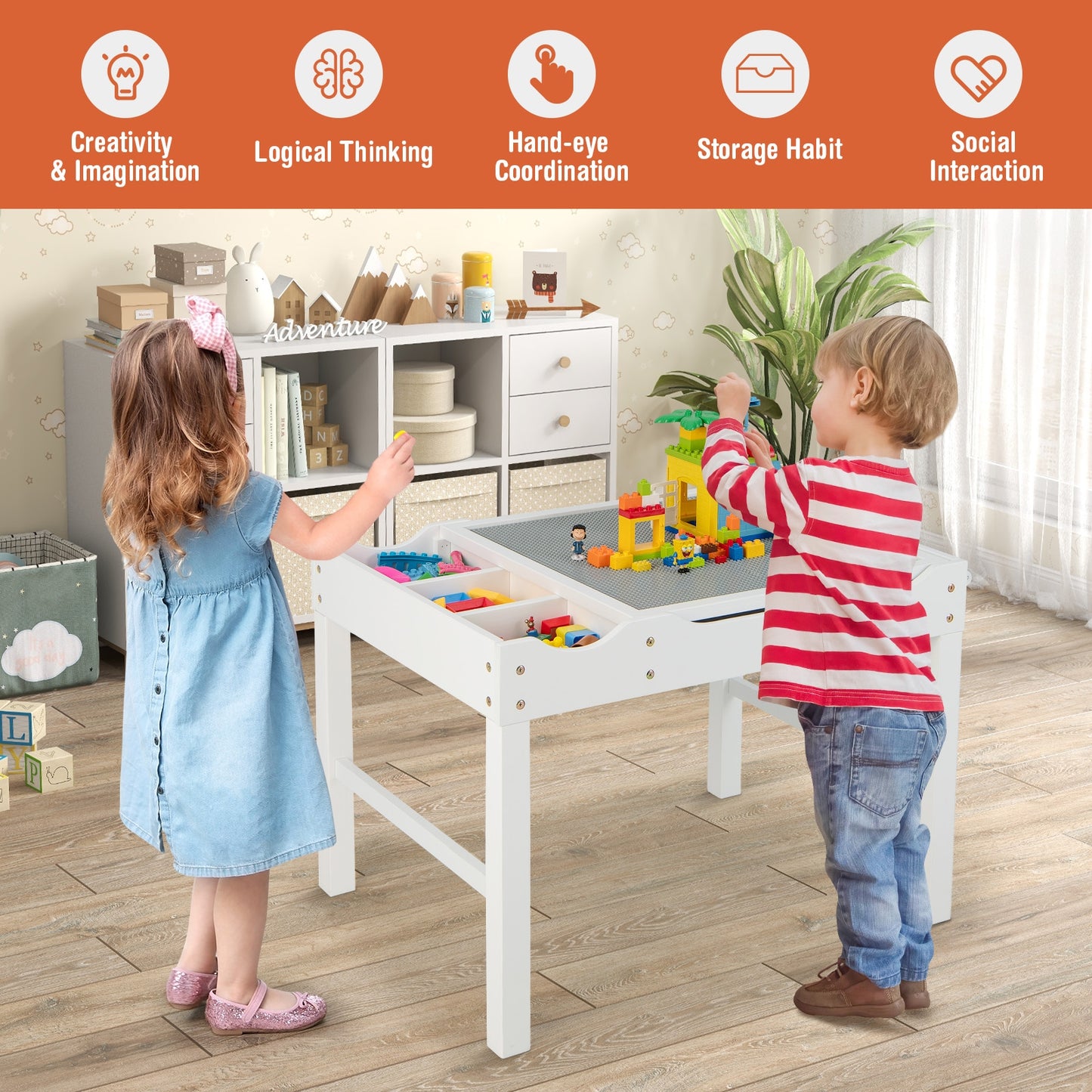 Wooden Kids Multi Activity Play Table with Storage Paper Roll-White Kids Crystal