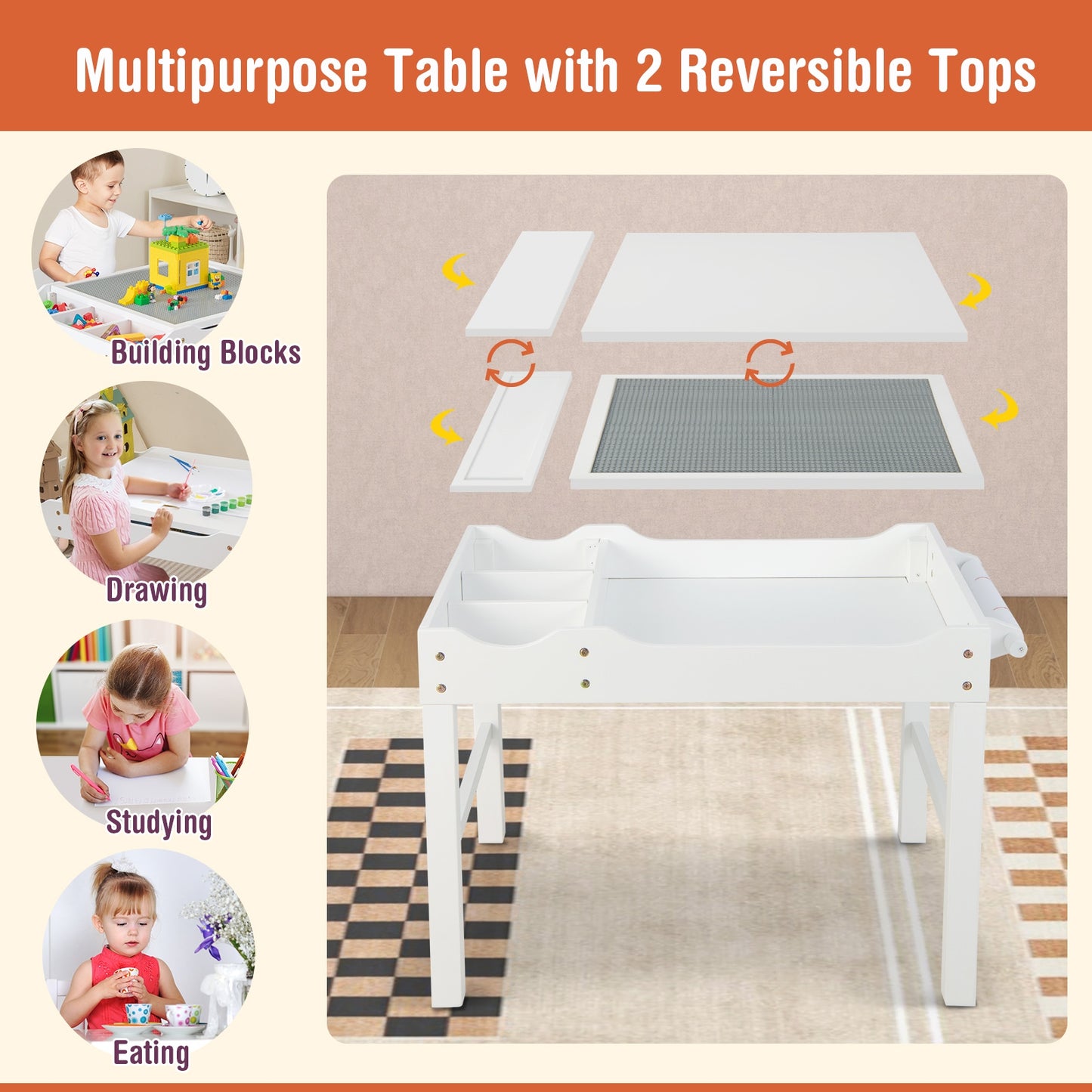 Wooden Kids Multi Activity Play Table with Storage Paper Roll-White Kids Crystal