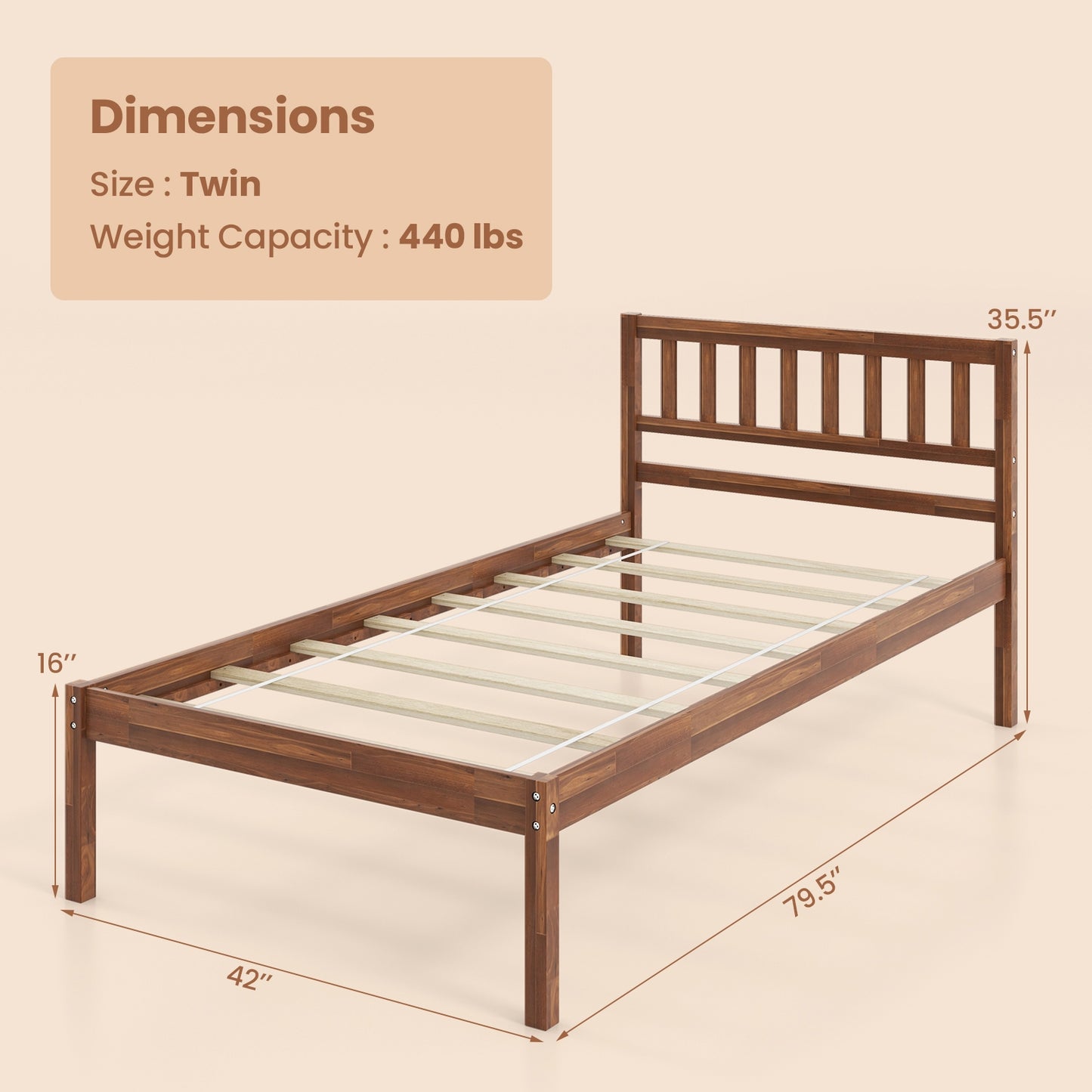 Twin/Full/Queen Size Wood Bed Frame with Headboard and Slat Support-Twin Size Kids Crystal