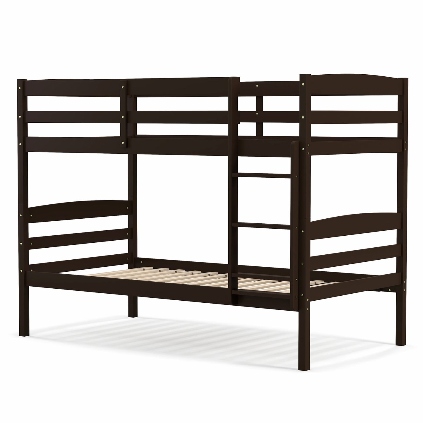 Solid Wood Twin Over Twin Bunk Bed Frame with High Guardrails and Integrated Ladder-Espresso Kids Crystal