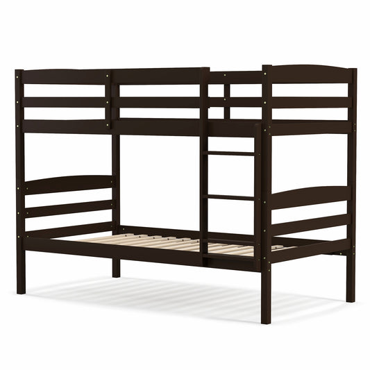 Solid Wood Twin Over Twin Bunk Bed Frame with High Guardrails and Integrated Ladder-Espresso Kids Crystal