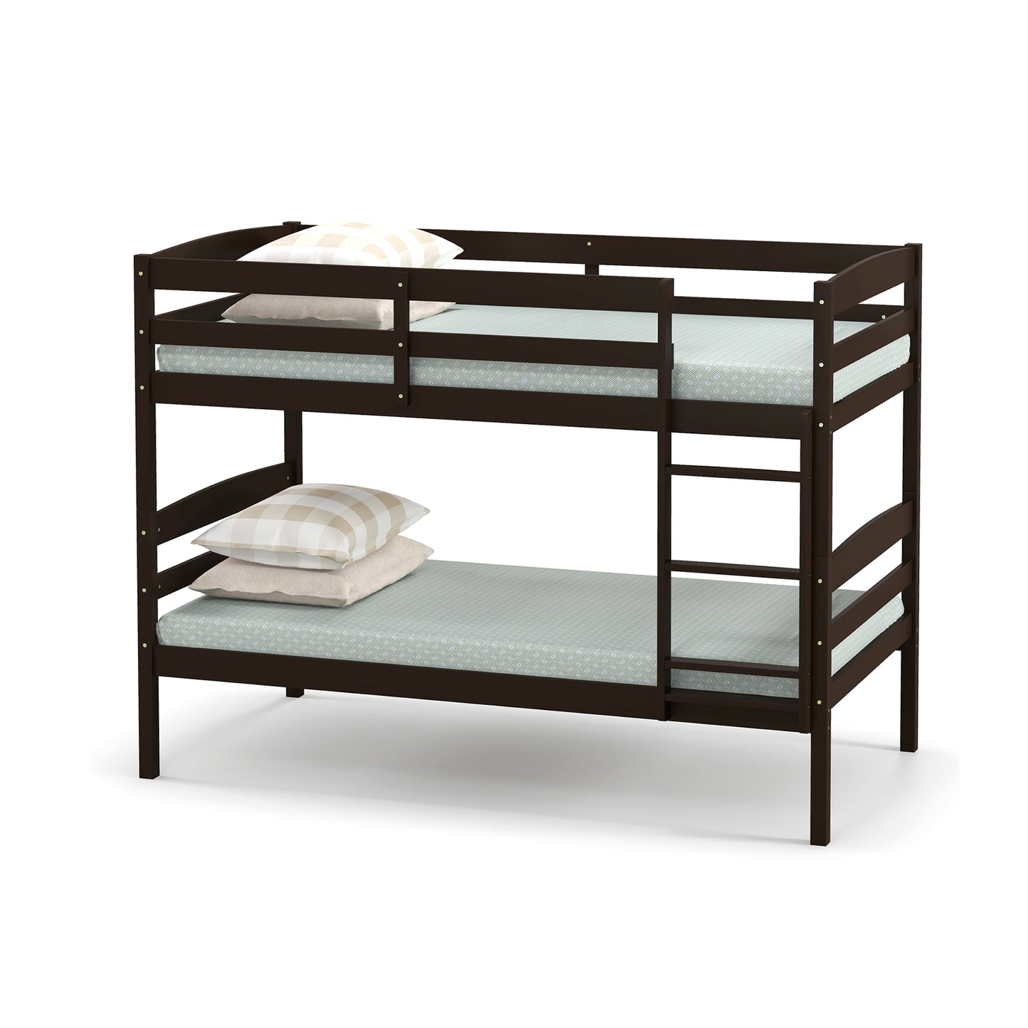 Solid Wood Twin Over Twin Bunk Bed Frame with High Guardrails and Integrated Ladder-Espresso Kids Crystal