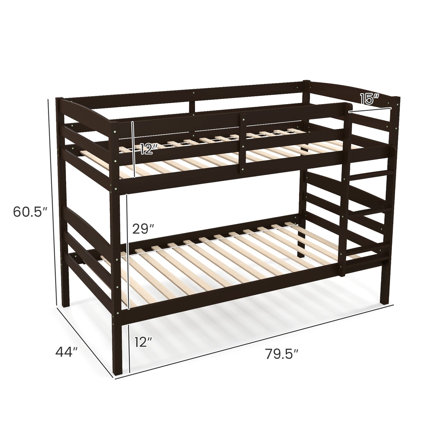 Solid Wood Twin Over Twin Bunk Bed Frame with High Guardrails and Integrated Ladder-Espresso Kids Crystal