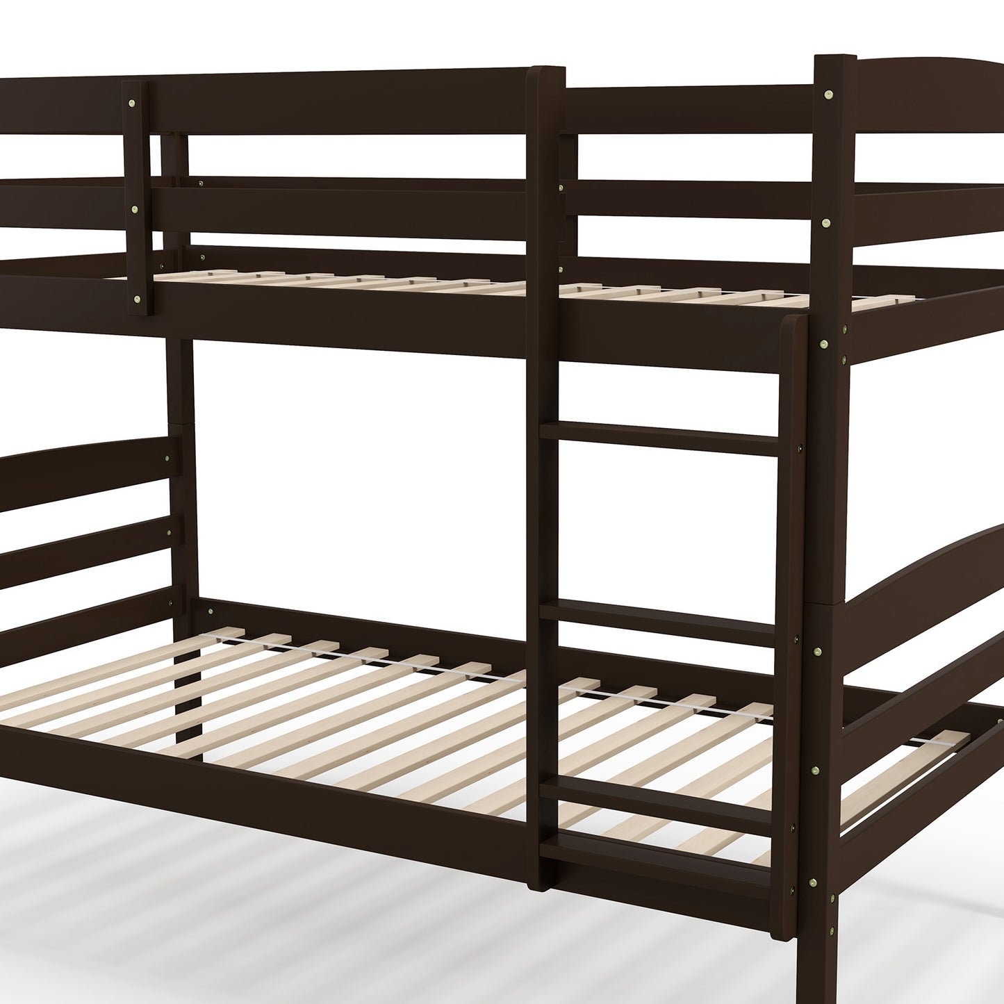 Solid Wood Twin Over Twin Bunk Bed Frame with High Guardrails and Integrated Ladder-Espresso Kids Crystal