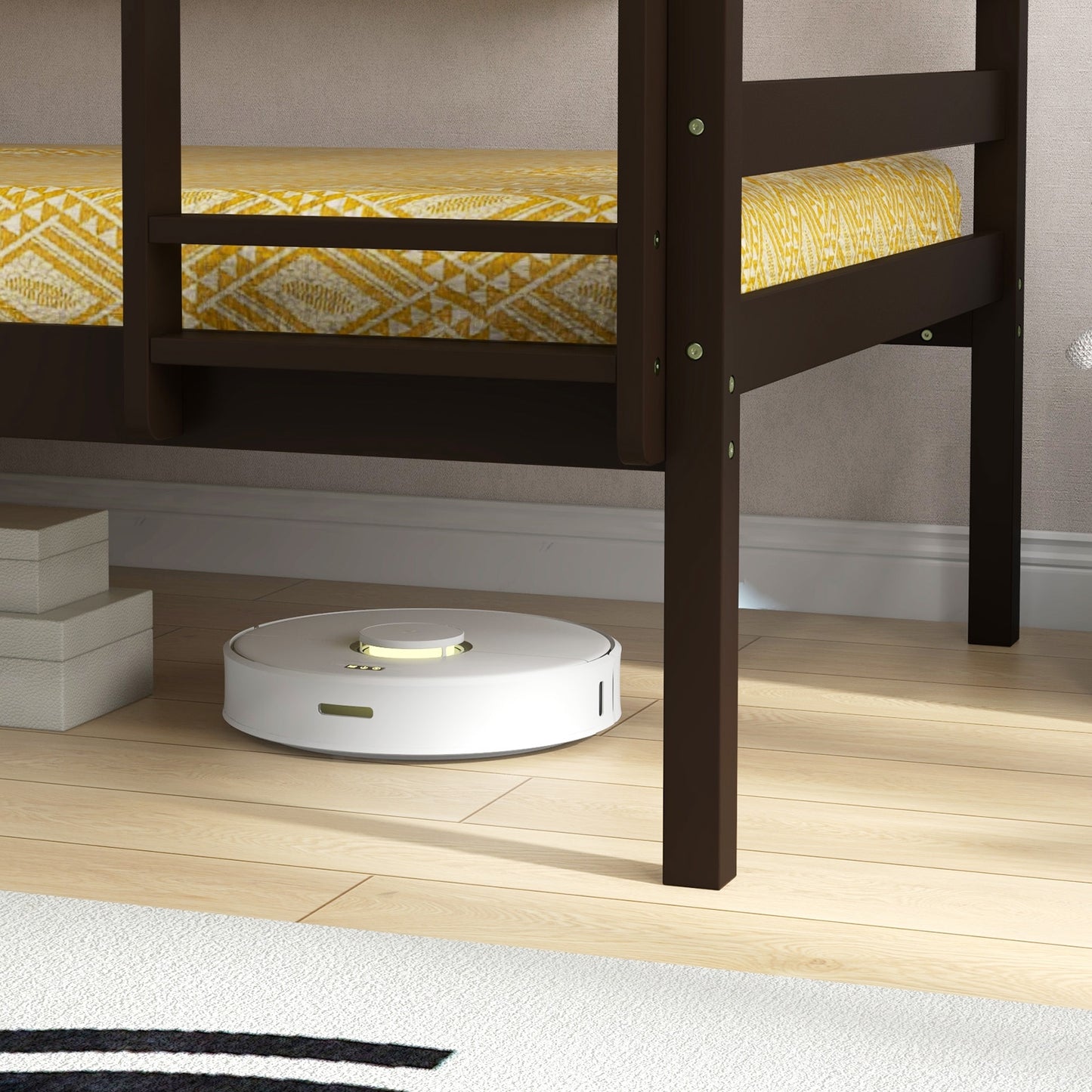 Solid Wood Twin Over Twin Bunk Bed Frame with High Guardrails and Integrated Ladder-Espresso Kids Crystal