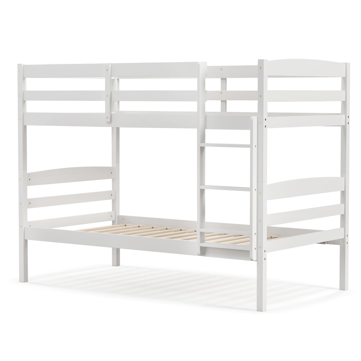 Solid Wood Twin Over Twin Bunk Bed Frame with High Guardrails and Integrated Ladder-White Kids Crystal