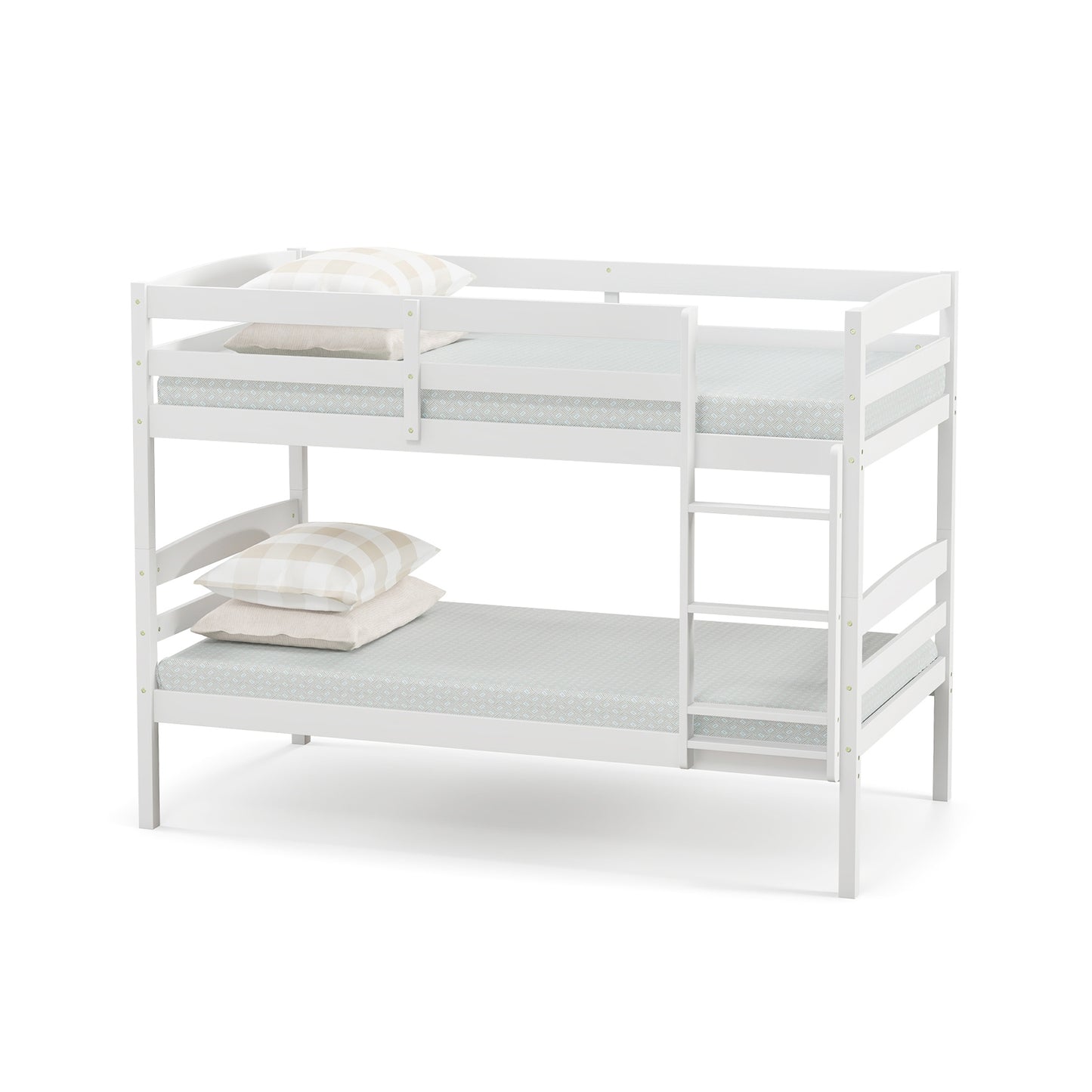Solid Wood Twin Over Twin Bunk Bed Frame with High Guardrails and Integrated Ladder-White Kids Crystal