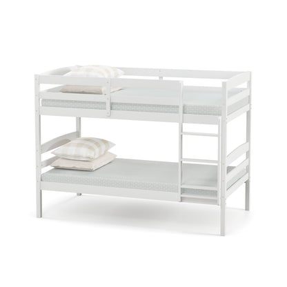 Solid Wood Twin Over Twin Bunk Bed Frame with High Guardrails and Integrated Ladder-White