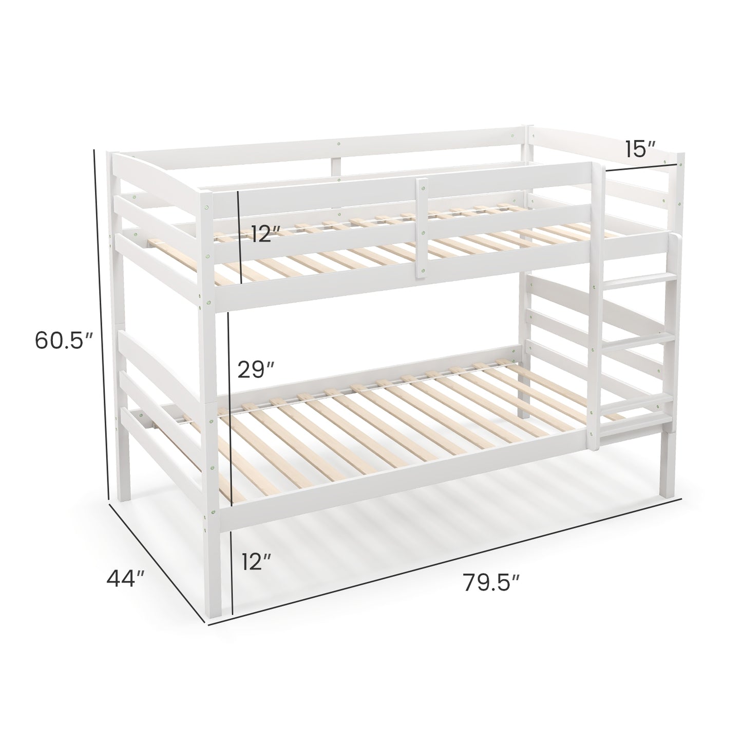 Solid Wood Twin Over Twin Bunk Bed Frame with High Guardrails and Integrated Ladder-White Kids Crystal