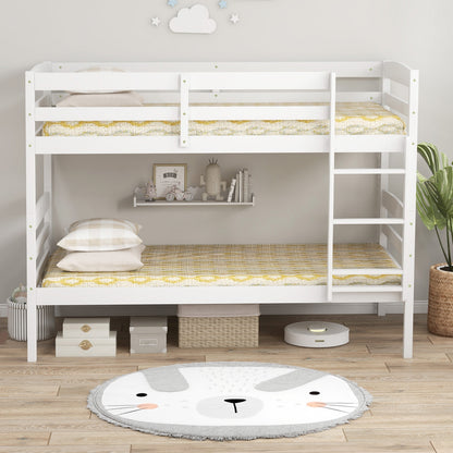 Solid Wood Twin Over Twin Bunk Bed Frame with High Guardrails and Integrated Ladder-White