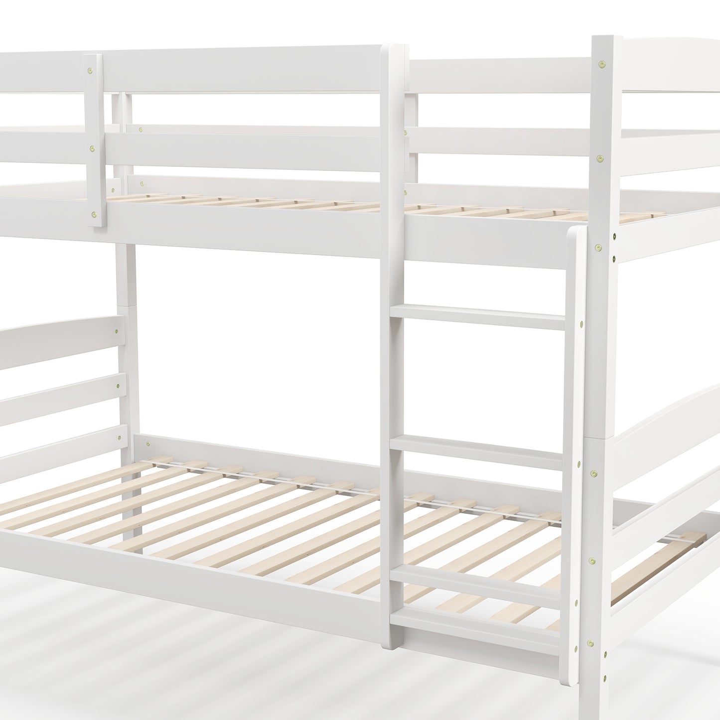 Solid Wood Twin Over Twin Bunk Bed Frame with High Guardrails and Integrated Ladder-White Kids Crystal