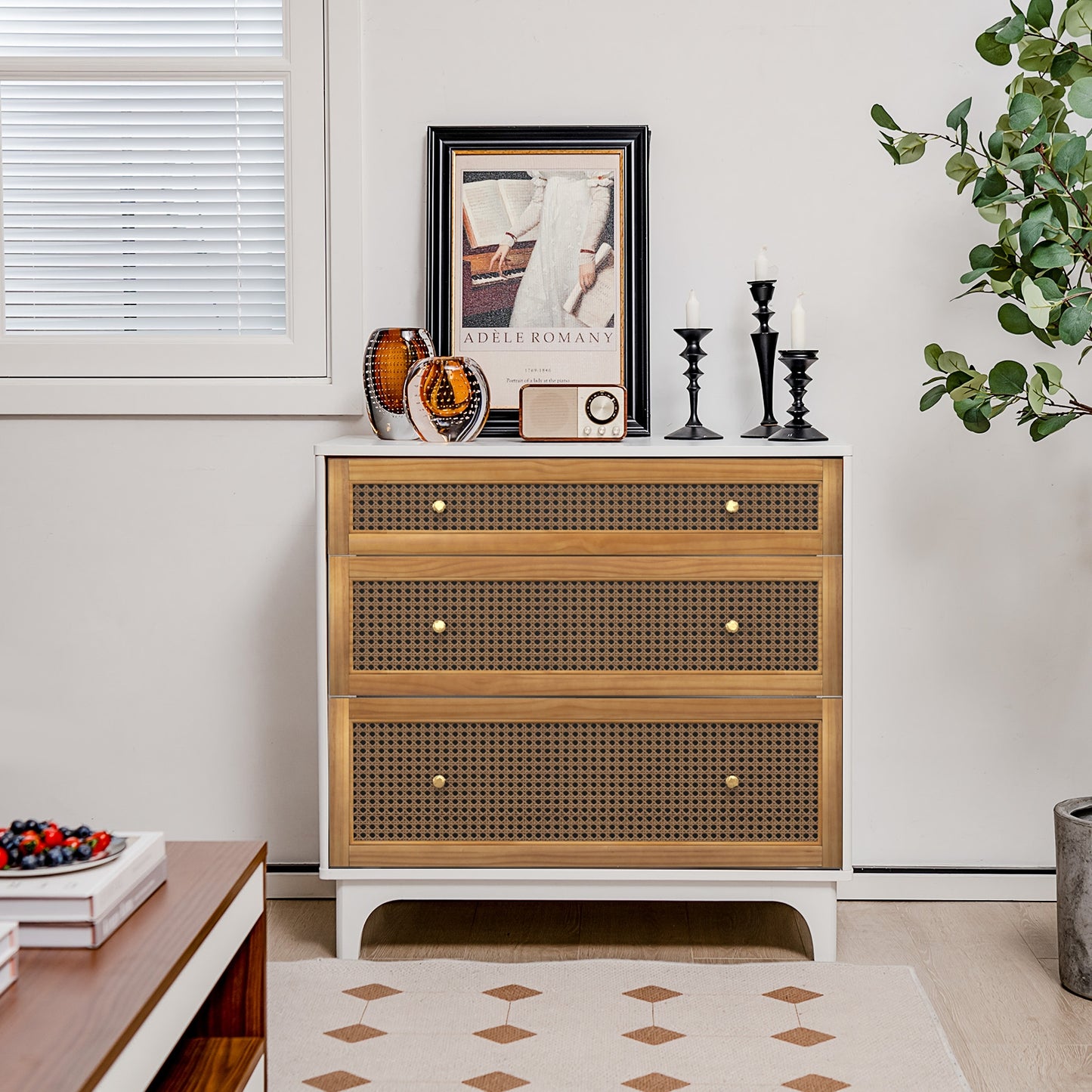 3-Drawer Rattan Dresser Chest with Anti-toppling Device-Brown Kids Crystal